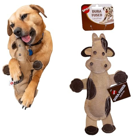 SPOT Dura-Fused Leather Barnyard Animals - Stuffed Dog Toy with Squeaker, Real Leather & Jute Fabric, for Light to Moderate Chewers, Great for Adult Dogs and Puppies - 11in, Assorted Styles, 1 Piece