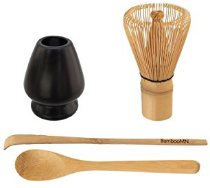 BambooMN Brand - Matcha Green Tea Whisk Set - Whisk + Scoop + Tea Spoon + Black Whisk Holder