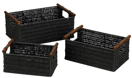 Household Essentials Decorative Woven Baskets, Set of 3 Baskets, Paper Rope with Wood Handles, Sturdy Metal Frame, Small, Medium and Large, Black