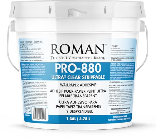 Roman PRO-880 Wallpaper Adhesive & Paste for Any Wallcovering - Ultra Clear Strippable, 1 Gallon(330 sq. ft)