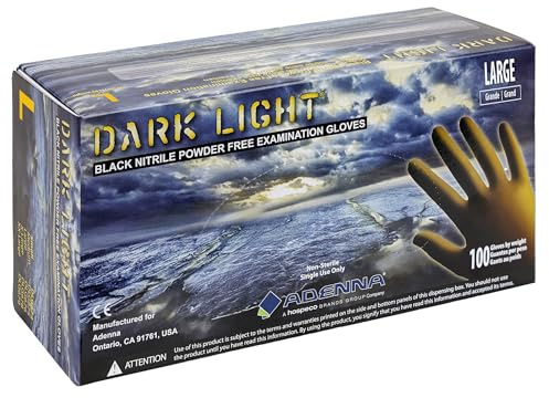 Adenna Dark Light 9 mil Nitrile Powder Free Exam Gloves (Black), Large - Box of 100 (DLG676)