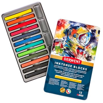Derwent Inktense Blocks 12 Tin, Set of 12 Water-Colours, 8mm Block, Water-Soluble, Ideal for Drawing, Colouring, Crafts & Painting on Paper & Fabric, Professional Quality (2300442)