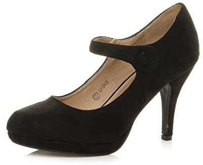 Womens Ladies mid high Heel Mary Jane Strap Evening Court Shoes Pumps Size 6 39, Black Suede, 6 UK