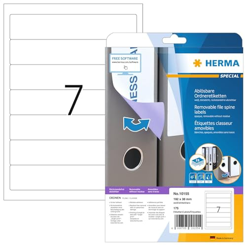 HERMA Etichette per Raccoglitori, 192 x 38 mm, Etichette Adesive A4 per Stampante, 7 Etichette per Foglio, Bianco