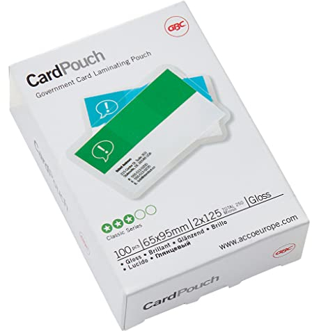 GBC Laminierfolien Kleinformat 65 x 95 mm, 125 mic, Ideal für Visitenkarten und Ausweise, Robuste Laminiertaschen im 100er Pack, Glänzend, Transparent, 3740301