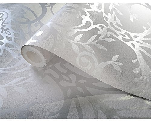 Exclusive Holden Statement Floral Damask Pattern Metallic Textured Wallpaper (Silver 50011)