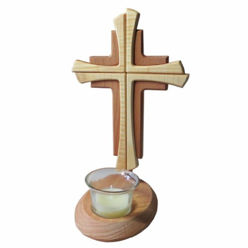 Kaltner Präsente Geschenkidee - Echtholz Standkreuz Teelichthalter Kreuz aus Buche Kruzifix Modern (Höhe 25 cm)
