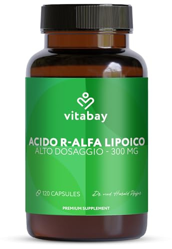 Vitabay Acide R-Alpha-Lipoïque 300 mg – 120 gélules véganes – Acide Alpha-Lipoïque hautement dosé – forme R naturelle sans S-ALA – testée en laboratoire en Allemagne – réserve 4 mois