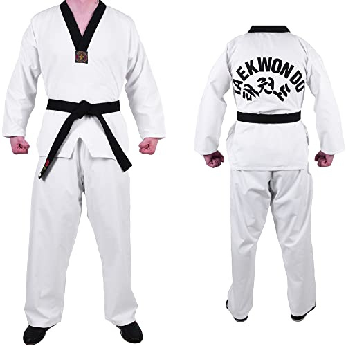 MAR | Student Taekwondo Uniform - Unisex, Adult & Children Sizes; Black V-Neck Design, Taekwondo Suit, Taekwondo Dobok, Polycotton Fabric (8oz) + FREE BELT (2/150)