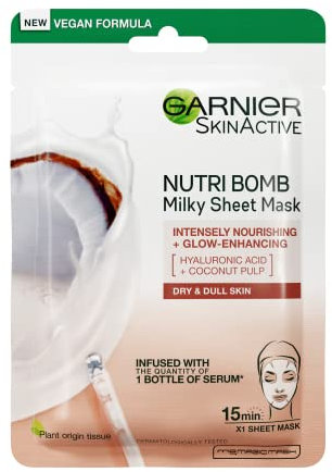 Garnier Nutri Bomb Milky Sheet Face Mask, With Coconut and Hyaluronic Acid for Hydrated Glowing Skin, Intensely Nourishing & Restoring, Cruelty Free & Vegan Tissue Mask, 28g