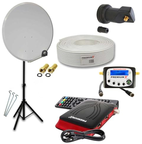 Premium X Camping Komplett HD SAT Anlage 45cm Satelliten-Schüssel Single LNB Kabel Dreibein Stativ TV Receiver Sat-TV-Signalfinder