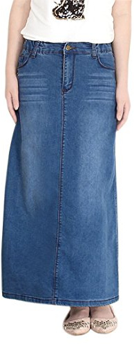 chouyatou Women's Casual Stretch Waist Washed Denim A-line Maxi Skirt (Large, Blue)