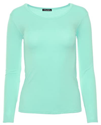 Easy Young Fashion - Damen Basic Rundhals Shirt - Langarm Unterziehshirt - Skinny Fit 1093 - Aqua S