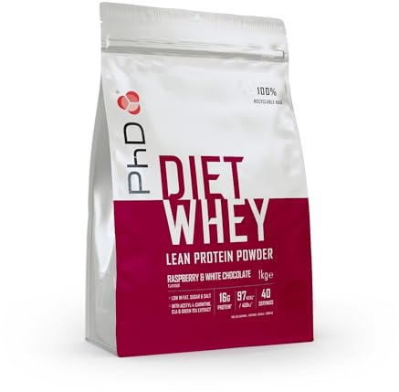 PhD Nutrition Diet Whey Protein en polvo 1kg Frambuesa y chocolate blanco, Proteína en polvo baja en calorías para complementar la dieta con 16g de proteína por ración