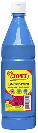 Jovi - Guazzo liquido, flacone da 1 litro, Colore blu ciano, Vernice a base di ingredienti naturali, Facile da lavare, Senza glutine, Ideale per la scuola