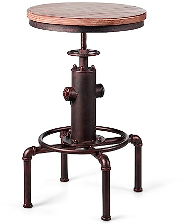COSTWAY Tabouret Bar Industriel Vintage en Bois de Pin, Hauteur Réglable, Pivotant à 360 Degrés, pour Café Rétro Vintage Élégant Design Tuyau D’Eau Pub Cuisine, Charge 150 KG