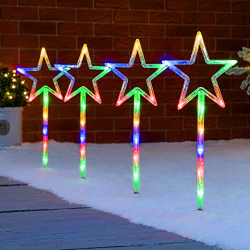Christow Star Path Lights, Outdoor Christmas Stake Pathway Decorations, Flashing Multi Coloured LED, Battery Operated with Timer (Set of 4 x 44cm)