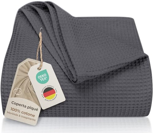LAYNENBURG Premiumöverkast 180 x 220 cm – våffelpiké, 100 % bomull – lätt sommarfilt, våffelutseende – bomullsfilt, överkast, sofföverkast, couch-överkast, soffskydd (antracit)