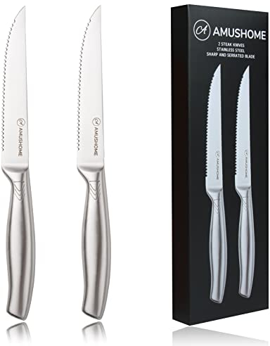 AMUSHOME Steak Knives Set of 2, Rust Free Stainless Steel Steak Knife Set with Sharp Serrated Edges & Ergonomic Non Slip Handle, Scratch Resistant Dinner Knives