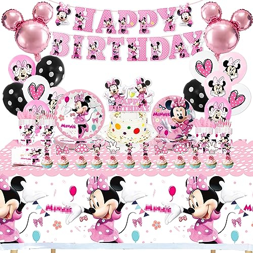Kindergeburtstag Partygeschirr Set, 101 Stück Mouse Geburtstagsdeko Baby Geburtstags Deko, Rosa Mädchen Geschirr Set Luftballons Servietten Pappteller Pappbecher Tischdecke(für 10 Kinder)