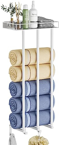 Ovicar Handtuchhalter für Badezimmer – Wandmontage, gerollte Handtücher, Aufbewahrung mit Metallregal und 3 Haken, 3 Stangen, Wandhandtuchhalter für kleines Badezimmer, Badetuch-Organizer (weiß)
