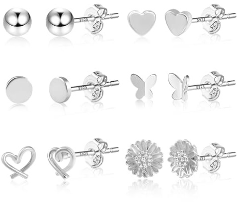ASH'S CHOICE Silver Sterling Silver Stud Earrings, 6 Pairs, Multipack Small Studs, Butterfly Star Heart Round Ball, 6PairsSilverB
