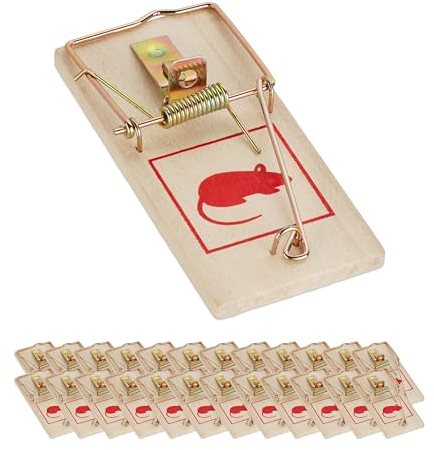 Relaxdays Mausefalle 25er Set, klassische Mäusefallen, wiederverwendbar, giftfrei, Schlagfalle, Metallbügel, Holz, natur