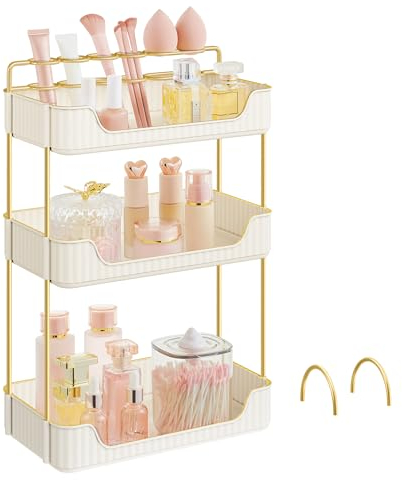 SONGMICS Make-up Organizer, 2 Typen von Zubehörteilen, Kosmetik-Organizer 3 Ebenen, rechteckig, anpassbar, Aufbewahrung für Schminktisch, Geschenkidee, wolkenweiß JKA013W02