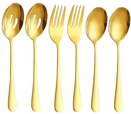 6 Pcs Golden Serving Spoons Set Forks Slotted Stainless Steel Catering Serving Utensils for Kitchen Party Buffet Banquet Cooking