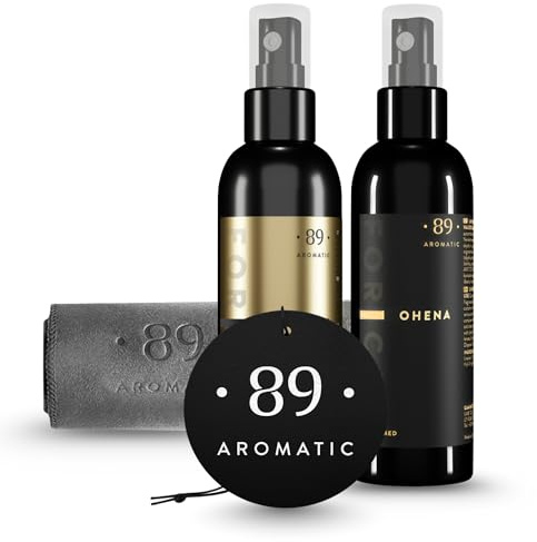 Aromatic • 89 • Kit Nettoyage Voiture – Senteur Safran, jasmin et orange, Spray Intérieur Premium & Chiffon Microfibre, Désodorisant Voiture & Nettoyant Tableau de Bord, Plastiques et Sièges Auto