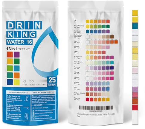 AAwipes Komplettes Wassertest-Kit für Trinkwasser, 25 Streifen im Beutel, 16 für Brunnen-, Leitungs-, Trinkwasser- und Stadtwassertests (25)