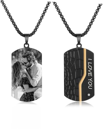 Zysta Collana Piastrina Militare Personalizzata Foto e Immagine in Acciaio Inossidabile Unisex Collana Medaglietta Incisione Nome Data Scritto con Struttura Pelle di Serpente Nero Regalo Fidanzati