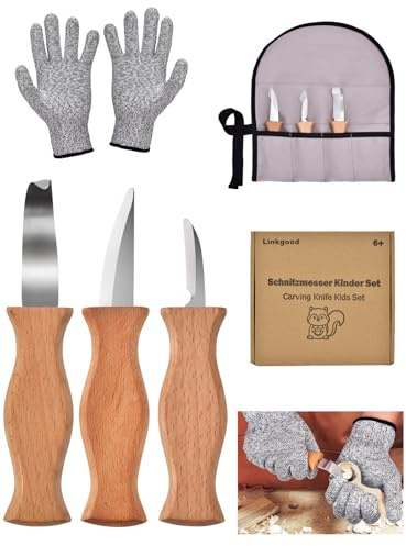 Linkgood Ensemble de couteaux de sculpture pour enfants à partir de 6 ans, kit de sculpture de haute qualité pour enfants, y compris gants résistants aux coupures, outil de sculpture créatif