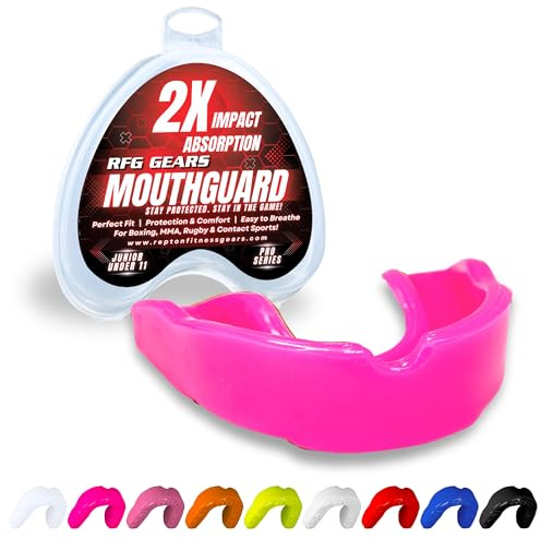 Mouthguard, Adult and Junior Gum Shield Slim Fit with Case for Boxing, Martial Arts, Judo, MMA, Rugby, Karate, Hockey and Other Contact Sports (Neon Pink, Junior (Under 11))