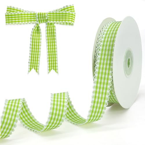 PQZKLDP Gingham Plaid Ribbon - 5/8 x20 Yards 100% Polyester Checked Ribbon for Gift Wrapping, Flower Bouquets, Wreaths - Christmas Home & Party Decor Craft Ribbon (Light Green)