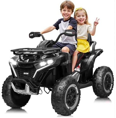 ANRLI 24V Ride on Car, Kids ATV XL Four Wheeler w/EVA Tire, 19-Inch Leather 2 Seater, 4X200W Motor, Remote Control, Knee Pad＆Flower, 24 Volt Ride on Toys Electric Quad for Big Kids, Black