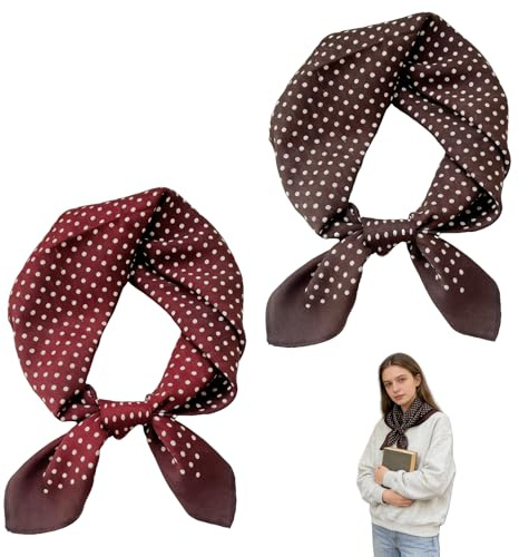Pañuelo Mujer Satén 2 Piezas 68x68 cm Marrón Rojo con Lunares Blancos Fular Cuadrado Estilo Retro Vintage Bufanda Cuello y Cabeza Cuello Cabello Bolso Elegante Mujer Elegante Accesorio Moda