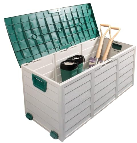 Outdoor Garden Furniture Storage Box - Plastic Seat Utility Chest Cushion Shed Box For Garden Tools, Toys, Equipment | Safe and Secure - All Weather Resistant | Indoor - Green Lid, Handles and Wheels