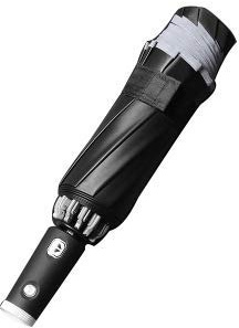 Paraguas invertido, resistente al viento, compacto, plegable, con rayas reflectantes y luz LED, 10 varillas, apertura y cierre automático, mango ergonómico, paraguas portátil para mujeres y hombres,