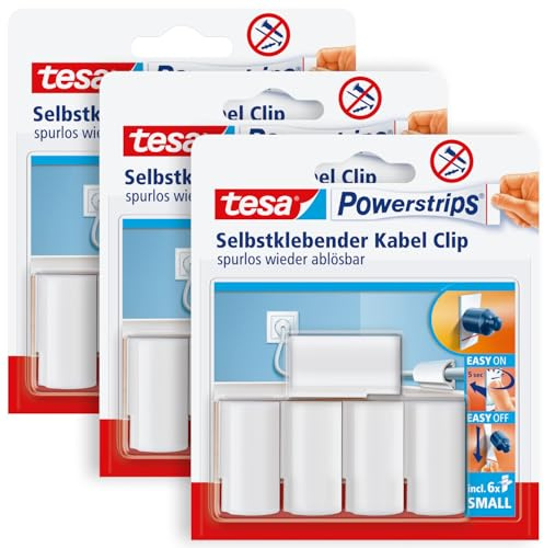 tesa Powerstrips Kabelclip im 3er Pack - Kabel Clip selbstklebend - Zur Fixierung von Kabeln - In Weiß - 3 x 5 Kabel Clips