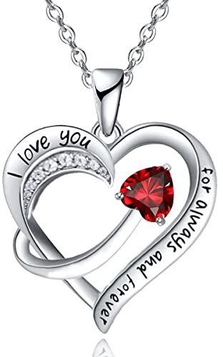 Emma Manor EM Love Heart Pendant Necklace for Women 18k White Gold Plated 5A Cubic Zirconia Engraved I Love You Jewellery Gift for Girls Wife (Red)