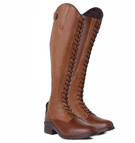 HORZE Botas de equitación para mujer con cordones, clásicas botas de equitación de piel con cordones delanteros y cremallera trasera