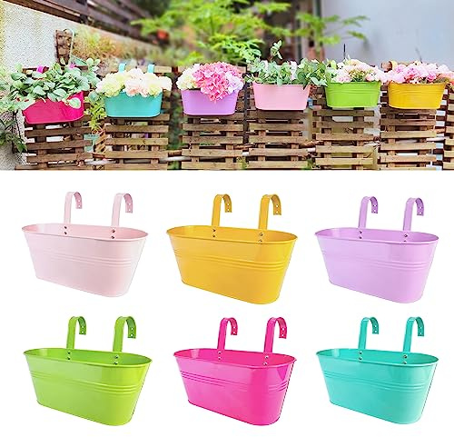 LaLaGreen Rail Planter Outdoor Plants (6 Pack, 9.8 Inch) Metal Iron Strawberry Hanging Flower Pots Deck Railing, Colorful Fence Bucket Modern Countryside Wall Mount Window Box Plant Holder Porch Decor