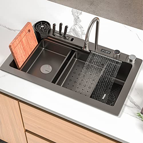Intelligence Waterfall Basin Kitchen Sink, Single Bowl Workstation Spüle 304 Edelstahl 13-teiliges Set, Mit Pull-Out Wasserhahn, Cup Washet (Color : Black-Grey, S : 80x46cm)