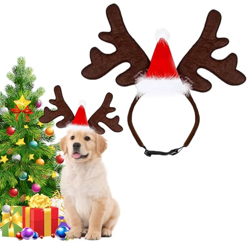 Bandeau De Noël pour Animal De Compagnie Chien Chat Bois De Renne avec Bois De Renne - avec Bonnet De Noël Bandeau De Bois De Renne Ajustable Accessoire De Déguisement pour Chiens Chats
