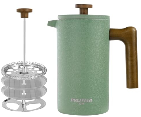 POLIVIAR Cafetiere 8 Cup, French Press Coffee Maker with Wood Handle, Double Walled Insulated Cafetiere &1 Extra Filter, Insulated 1L French Press for Coffee & Tea, Includes 1 Extra Filter
