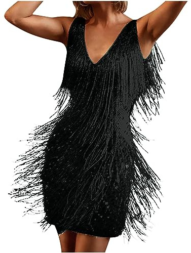 AnnSemo 1920's Great Gatsby Costume Women Sequin Fringe Flapper Dress V Neck Sleeveless Mini Dress Party Prom Cocktail Dance Sexy Sparkly Fancy Clubwear
