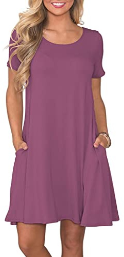 Auselily Somrig damklänning, kortärmad blusklänning, kort sommarklänning, lätt fritidsklänning med fickor, malva, XL