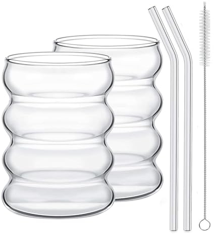 Gobelets en Verre Nervuré avec Pailles, Verres à Boisson en Forme de Vague avec Pailles, Gobelets en Verre à Bulles en Forme de Vague, Verres à Boire Ondulés, Verres à Café Glacé, Verres(#2)