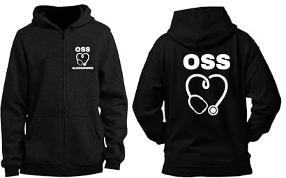 bubbleshirt Felpa Personalizzata OSS - Giacca Unisex Operatore Socio Sanitario con Nome e Zip Integrale, Nera - Idea Regalo Professionale, Taglie dalla S alla XXL